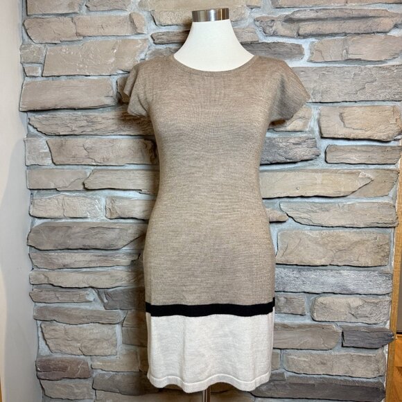 The Limited Women’s Sweater Dress Small Short Sleeve Tan Beige Black Colorblock - Picture 1 of 12